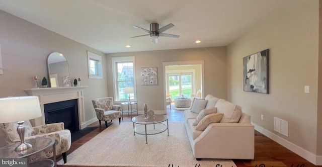 843 Summer Breeze Path, Cochranville, PA 19330 - living area with a fireplace, ceiling fan, baseboards, dark wood-style floors, and recessed lighting