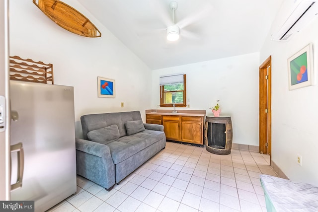 8323 Morningside Dr, Manassas, VA 20112 - living room with lofted ceiling, a wall mounted air conditioner, a ceiling fan, and light tile patterned floors