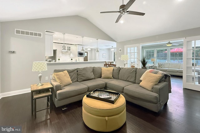 10 Greystone Dr, Lewes, DE 19958 - living area with ceiling fan, vaulted ceiling, dark wood-style flooring, recessed lighting, and baseboards