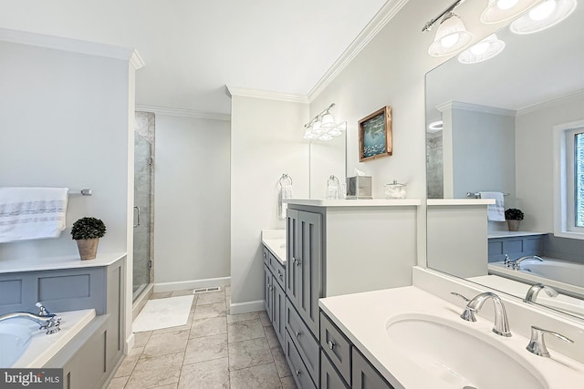 10 Greystone Dr, Lewes, DE 19958 - bathroom featuring a stall shower, a bath, ornamental molding, vanity, and baseboards