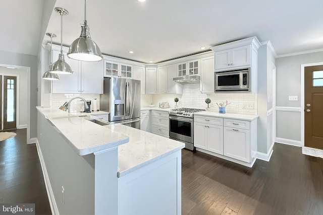 10 Greystone Dr, Lewes, DE 19958 - kitchen featuring stainless steel appliances, a peninsula, baseboards, white cabinetry, and recessed lighting