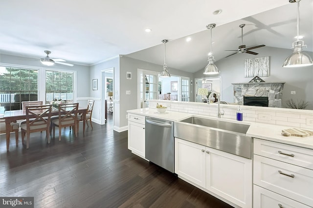10 Greystone Dr, Lewes, DE 19958 - kitchen featuring dishwasher, ceiling fan, a sink, light countertops, and lofted ceiling