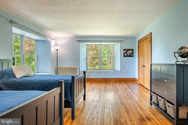1148 Bodine Rd, Chester Springs, PA 19425 - bedroom featuring radiator heating unit, light wood-type flooring, and baseboards