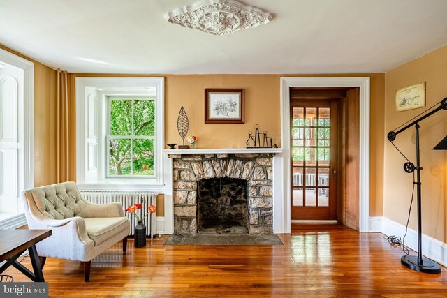 1148 Bodine Rd, Chester Springs, PA 19425 - living area featuring radiator heating unit, wood finished floors, a fireplace, and healthy amount of natural light