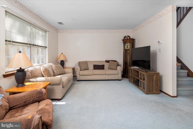 8 Pamlico Ct, Bordentown, NJ 08505 - living room featuring carpet, stairway, and baseboards