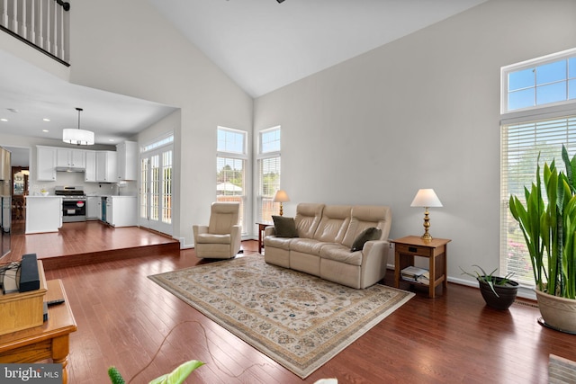 11221 Chaucers Ridge Ct, Laurel, MD 20723 - living room featuring high vaulted ceiling, dark wood-style flooring, baseboards, and recessed lighting