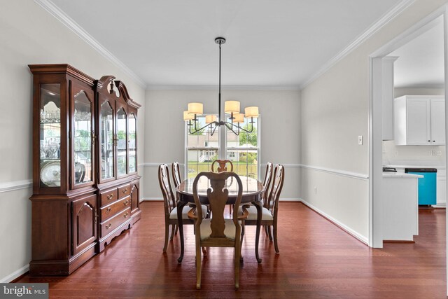 11221 Chaucers Ridge Ct, Laurel, MD 20723 - dining area with a chandelier, dark wood-style floors, ornamental molding, and baseboards