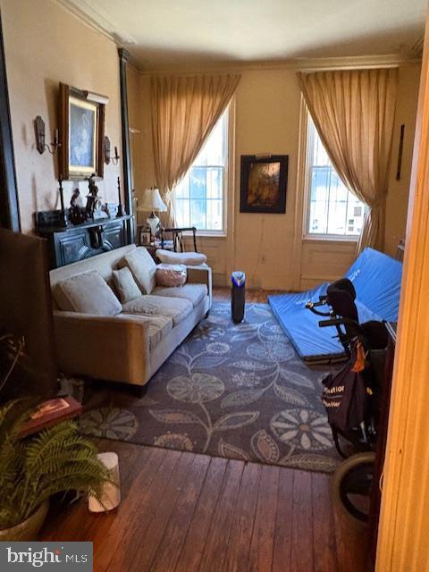 living area with hardwood / wood-style floors