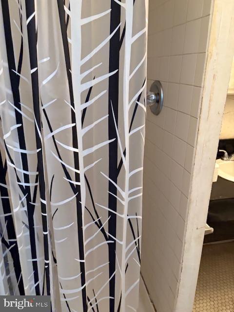 bathroom view of a shower with curtain and tile patterned floors