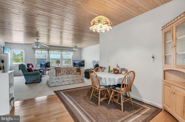 7466 Beebe Rd, Chincoteague Island, VA 23336 - dining room with ceiling fan, light wood finished floors, and wood ceiling