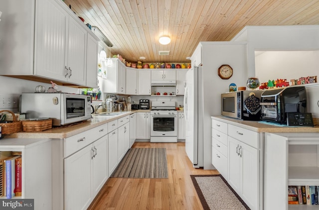 7466 Beebe Rd, Chincoteague Island, VA 23336 - kitchen featuring white appliances, wood ceiling, a sink, light wood finished floors, and light countertops