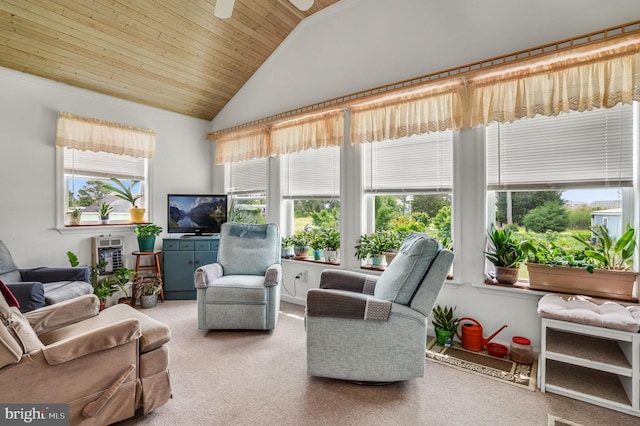 7466 Beebe Rd, Chincoteague Island, VA 23336 - carpeted living room with wood ceiling, high vaulted ceiling, and ceiling fan