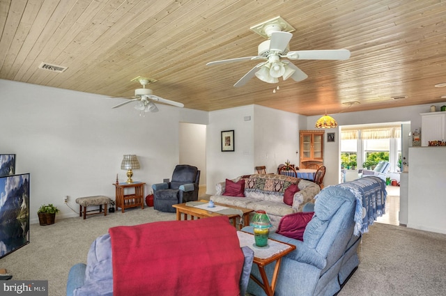 7466 Beebe Rd, Chincoteague Island, VA 23336 - carpeted living area with a ceiling fan, wood ceiling, and baseboards