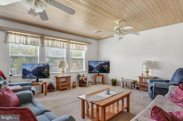 7466 Beebe Rd, Chincoteague Island, VA 23336 - carpeted living room with a ceiling fan, wooden ceiling, and healthy amount of natural light
