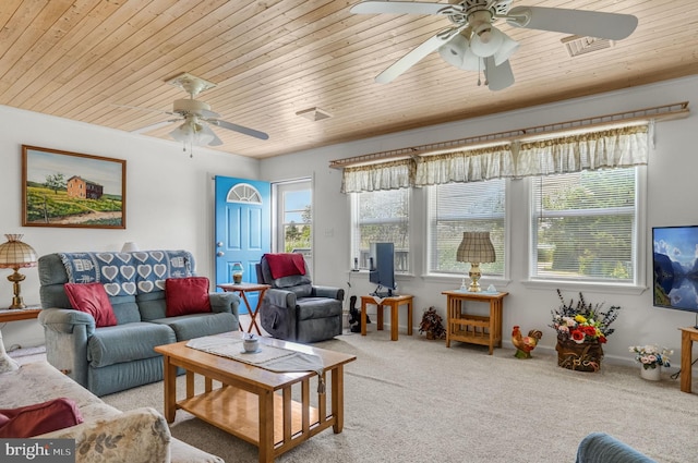 7466 Beebe Rd, Chincoteague Island, VA 23336 - living room featuring a ceiling fan, carpet floors, and wooden ceiling