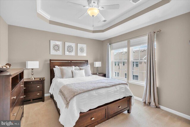 1027 Regency Pl, Sewell, NJ 08080 - bedroom with a tray ceiling, light colored carpet, baseboards, and ceiling fan