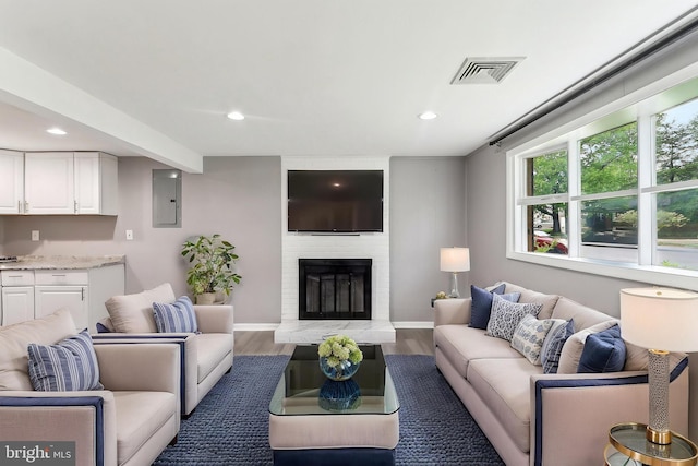 living area featuring wood finished floors, baseboards, recessed lighting, a fireplace, and electric panel