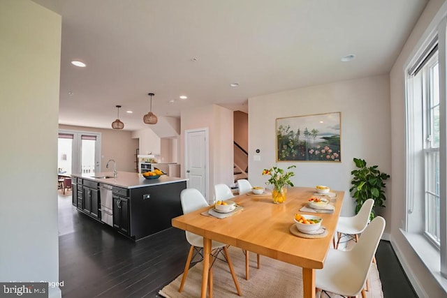 2519 Auden Dr, Silver Spring, MD 20906 - dining area with stairway, dark wood-type flooring, and recessed lighting