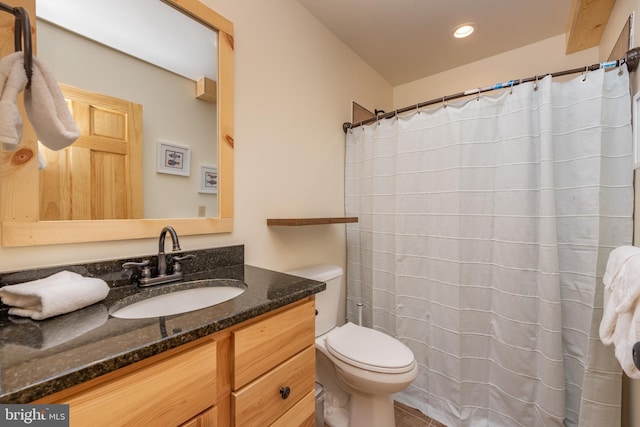 bathroom with toilet, vanity, recessed lighting, tile patterned flooring, and a shower with shower curtain
