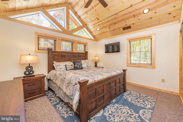 bedroom featuring carpet floors, wood ceiling, lofted ceiling, multiple windows, and baseboards