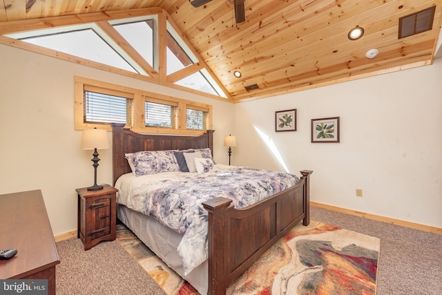 bedroom with lofted ceiling, baseboards, light colored carpet, and wood ceiling