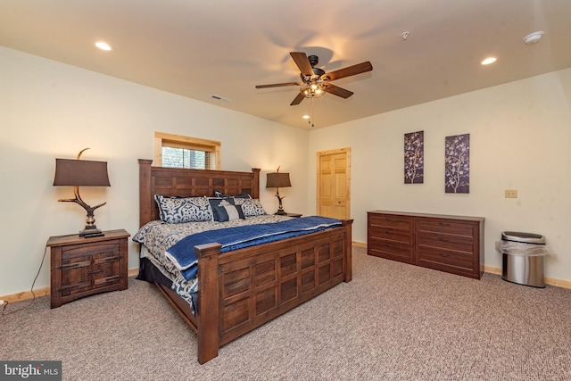 bedroom featuring carpet floors, recessed lighting, baseboards, and a ceiling fan