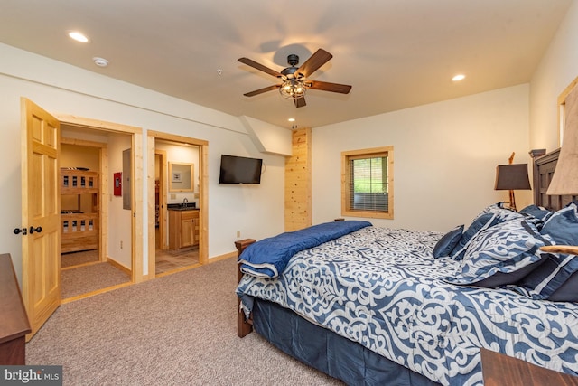 bedroom featuring carpet, recessed lighting, ensuite bath, and ceiling fan