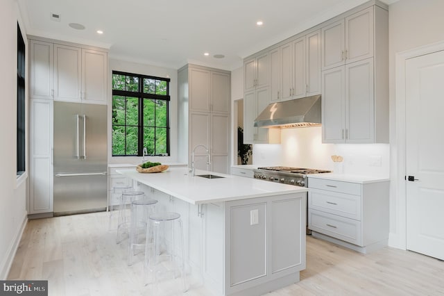 5024 Dana Pl NW, Washington, DC 20016 - kitchen with under cabinet range hood, built in fridge, a sink, light wood-style floors, and light countertops