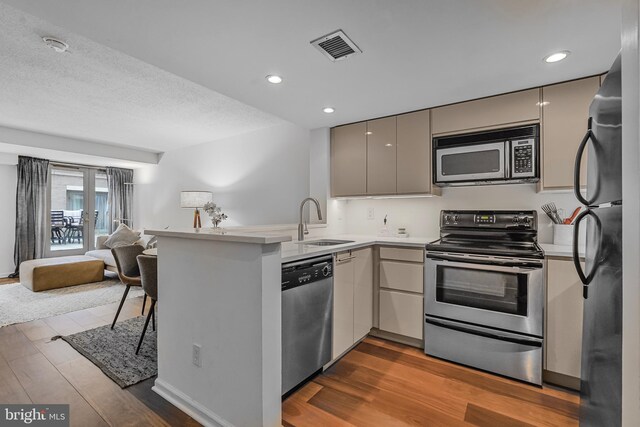 kitchen featuring appliances with stainless steel finishes, a sink, open floor plan, a peninsula, and wood finished floors