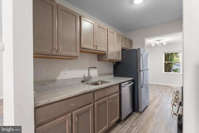 662 W Side Dr Unit 1-H, Gaithersburg, MD 20878 - kitchen with appliances with stainless steel finishes, a sink, light wood finished floors, light stone counters, and baseboards