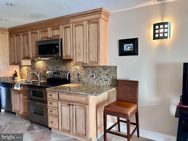 kitchen with appliances with stainless steel finishes, decorative backsplash, stone countertops, and a sink