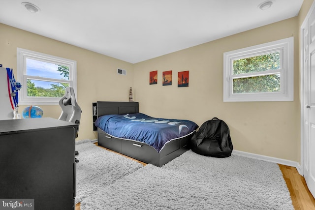 bedroom with wood finished floors, multiple windows, and baseboards