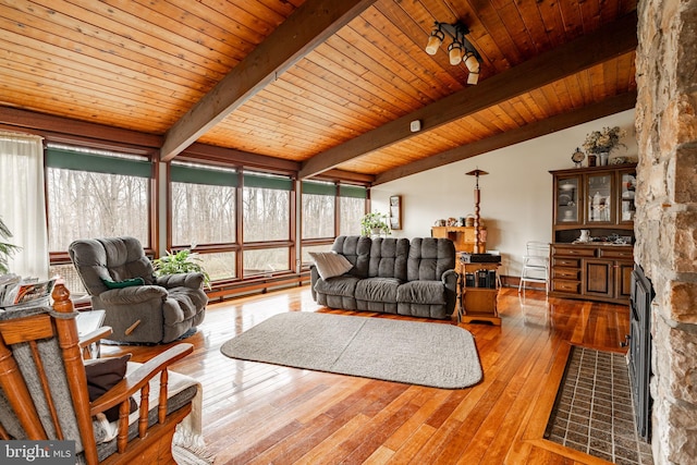 1220 Morgantown Rd, Morgantown, PA 19543 - living room with plenty of natural light, wood ceiling, wood-type flooring, and a stone fireplace