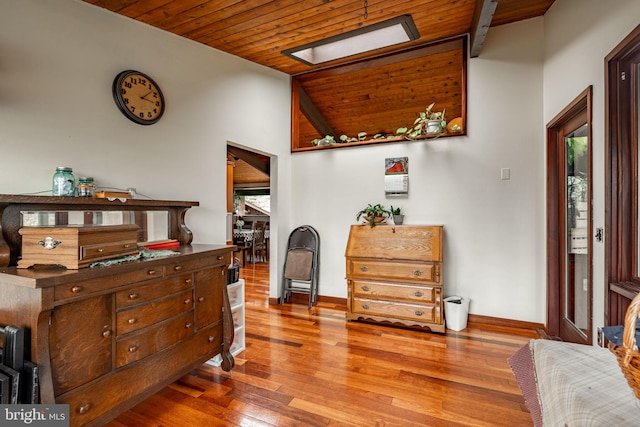 1220 Morgantown Rd, Morgantown, PA 19543 - living area with wooden ceiling, wood finished floors, baseboards, and lofted ceiling