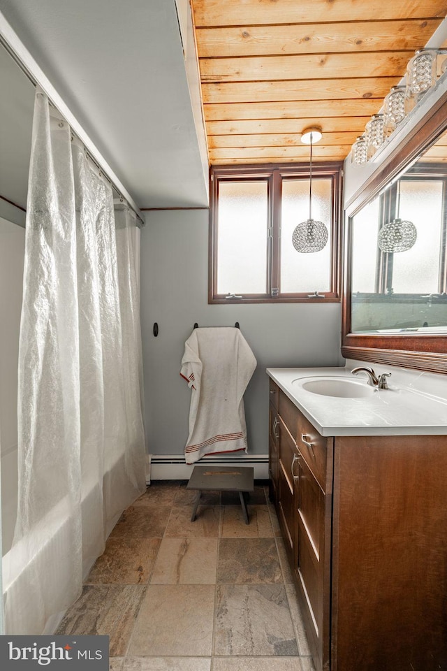 1220 Morgantown Rd, Morgantown, PA 19543 - full bath featuring stone finish flooring, plenty of natural light, vanity, a shower with shower curtain, and wood ceiling