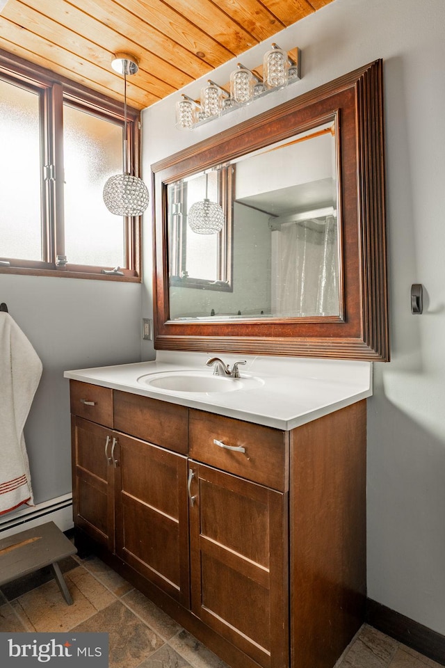 1220 Morgantown Rd, Morgantown, PA 19543 - bathroom featuring wood ceiling, vanity, and a baseboard radiator