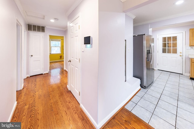 3321 Clay St, Silver Spring, MD 20902 - hall with ornamental molding, attic access, baseboards, light wood finished floors, and recessed lighting