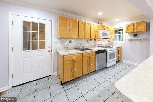 3321 Clay St, Silver Spring, MD 20902 - kitchen with white appliances, a sink, light countertops, ornamental molding, and light tile patterned floors