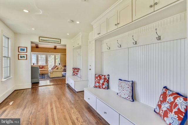 6437 Blantyre, Warrenton, VA 20187 - mudroom featuring light wood finished floors, recessed lighting, and baseboards