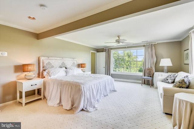 6437 Blantyre, Warrenton, VA 20187 - bedroom featuring light carpet, ornamental molding, baseboards, a ceiling fan, and baseboard heating