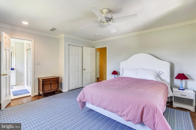 6437 Blantyre, Warrenton, VA 20187 - bedroom featuring crown molding, a closet, wood finished floors, a ceiling fan, and baseboards