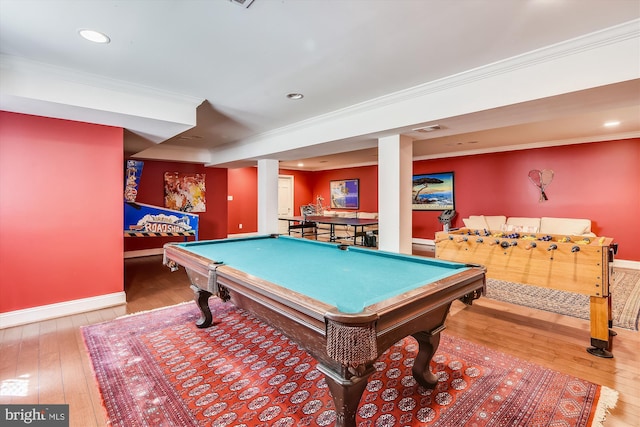6437 Blantyre, Warrenton, VA 20187 - playroom featuring ornamental molding, wood-type flooring, billiards, baseboards, and recessed lighting