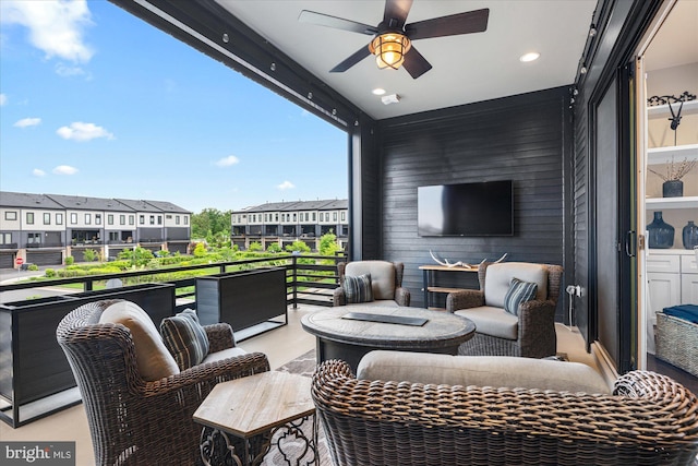 20383 Codman Dr, Ashburn, VA 20147 - view of patio with a balcony, a ceiling fan, and a residential view