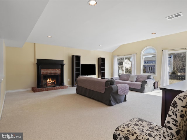 2 Darnell Ct, Olney, MD 20832 - carpeted living area featuring a fireplace, vaulted ceiling, recessed lighting, and baseboards