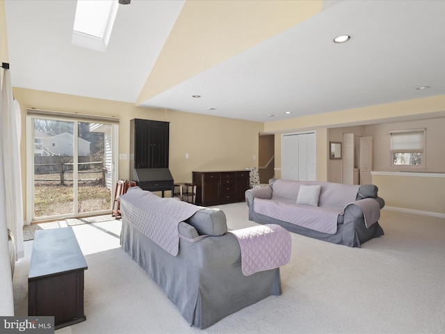 2 Darnell Ct, Olney, MD 20832 - living room featuring light carpet, lofted ceiling, a skylight, recessed lighting, and baseboards