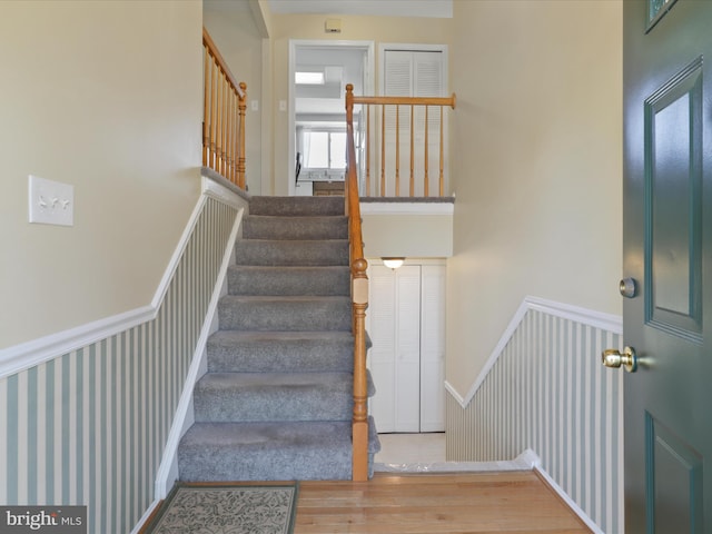 2 Darnell Ct, Olney, MD 20832 - staircase with wood finished floors and a wainscoted wall