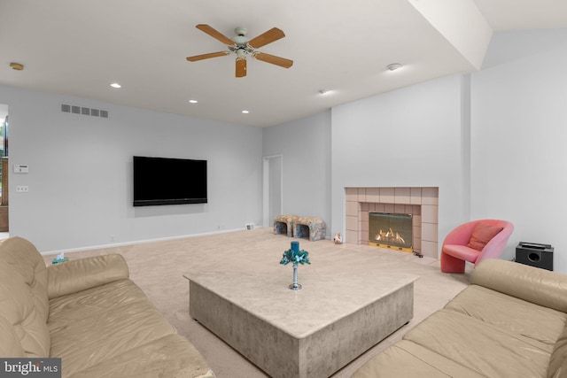 11 Candace Ct, Richboro, PA 18954 - carpeted living room featuring ceiling fan, a tile fireplace, recessed lighting, and baseboards
