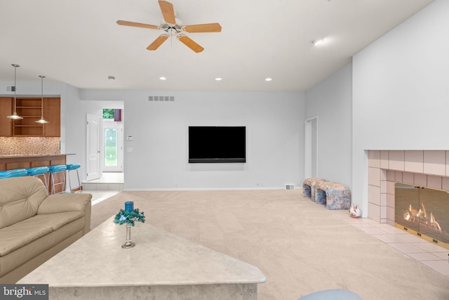 11 Candace Ct, Richboro, PA 18954 - living room featuring a tiled fireplace, carpet flooring, a ceiling fan, and recessed lighting