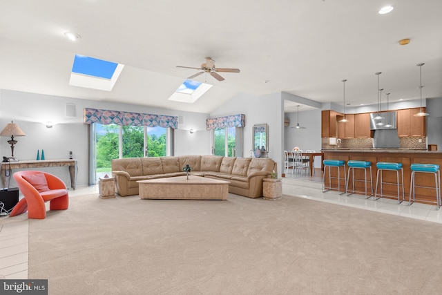 11 Candace Ct, Richboro, PA 18954 - living room with a skylight, light colored carpet, recessed lighting, lofted ceiling, and a ceiling fan