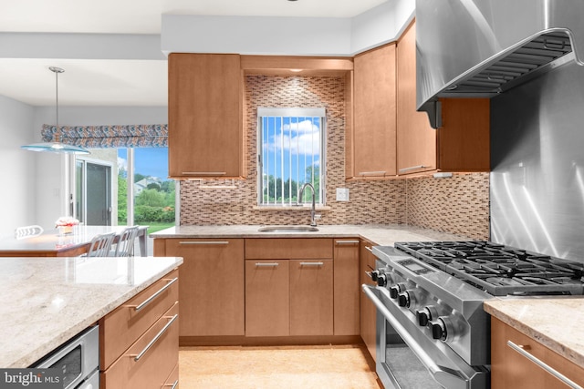 11 Candace Ct, Richboro, PA 18954 - kitchen with high end stainless steel range oven, a sink, decorative backsplash, light stone countertops, and wall chimney exhaust hood